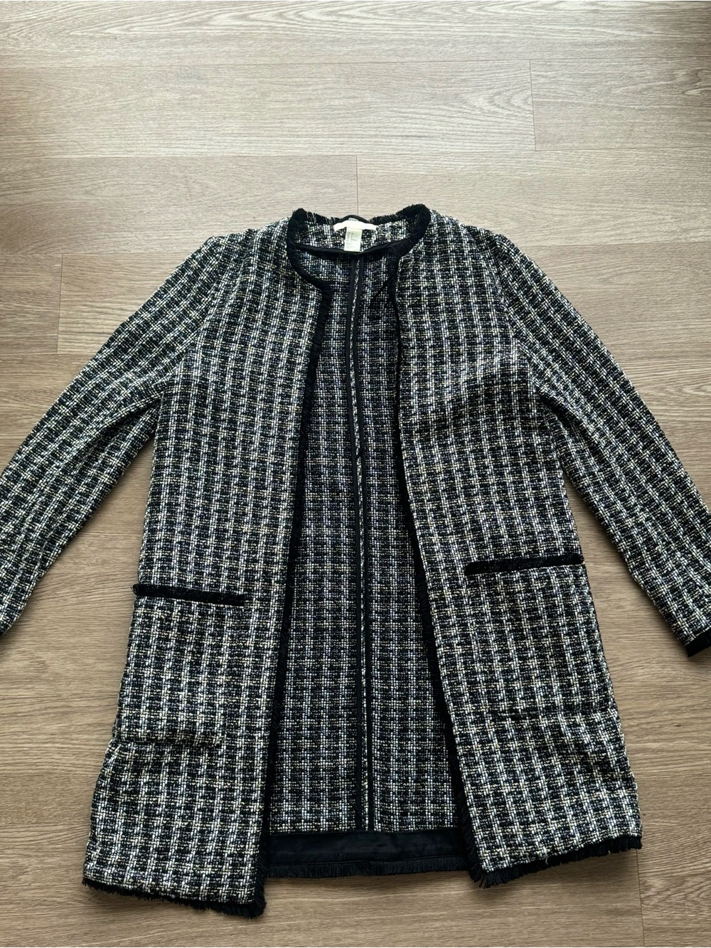 H&M Black and White Tweed Long Blazer Jacket